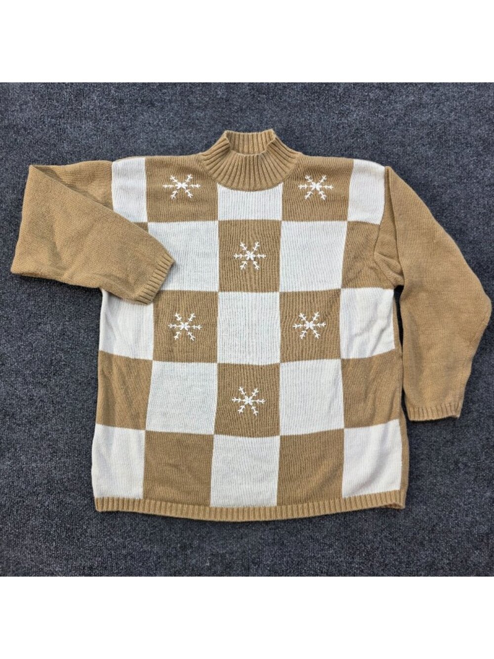 Liz Claiborne Snowflake Checkerboard Sweater L Tan Colorblock Cabincore Neutral